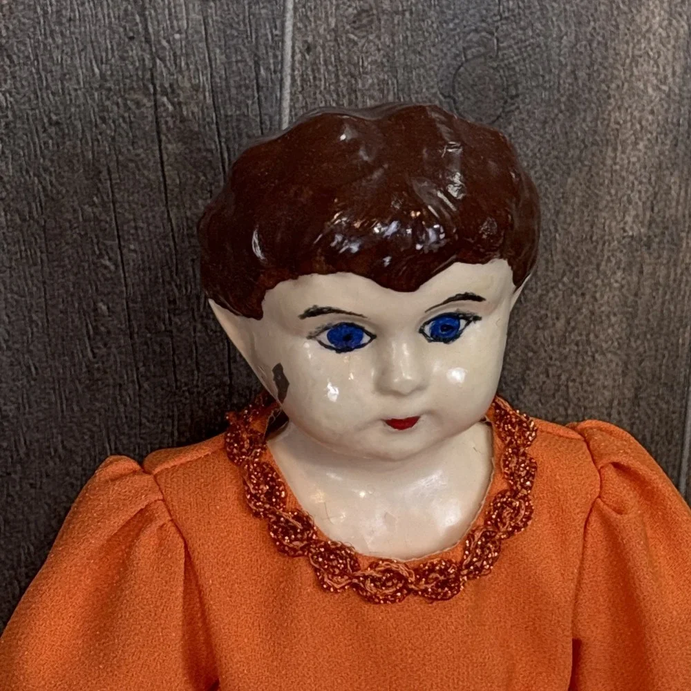 Vintage German Porcelain Doll‎ Orange Dress Hand Painted Face AS IS